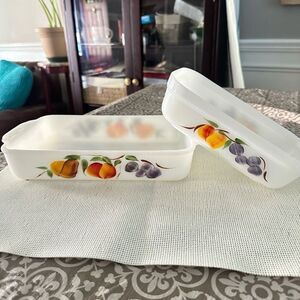 Anchor Hocking FIRE KING 2 pc Loaf Pan & Rectangular Peach Blossom Dish‎ Vintage